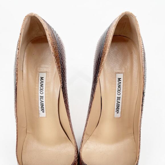 Manolo Blahnik Brown Tan Genuine Python Pointed Toe Stiletto Heel Pumps IT 38 - Picture 9 of 12
